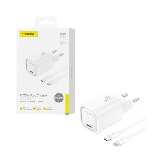 Carregador Foneng EU69 Tipo-C PD20W com Tipo-c para Lightning 1m Branco